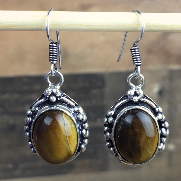 Tiger’s Eye Stone Hook Dangle Earrings - Picture 1 of 9